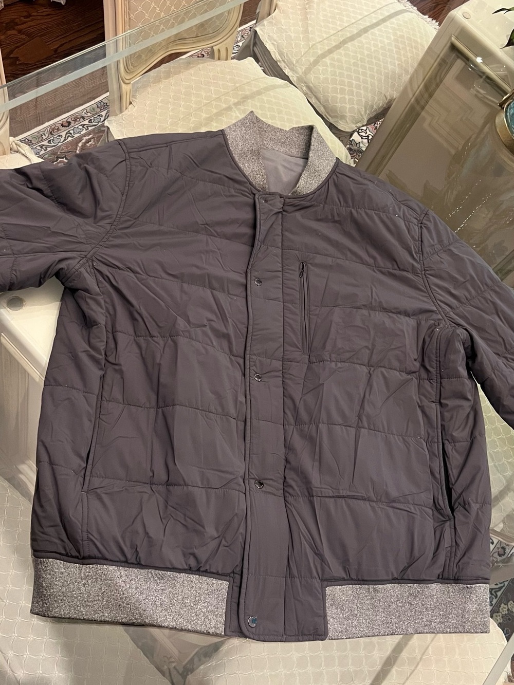 Men's Quilted Bomber Jacket in Dark Gray with Knit Trim